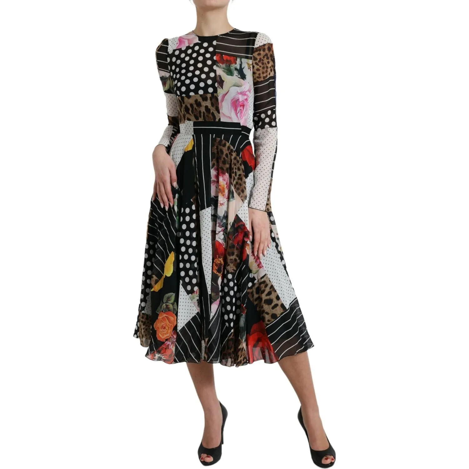 Dolce & Gabbana Elegant Patchwork Silk Midi A-Line Dress