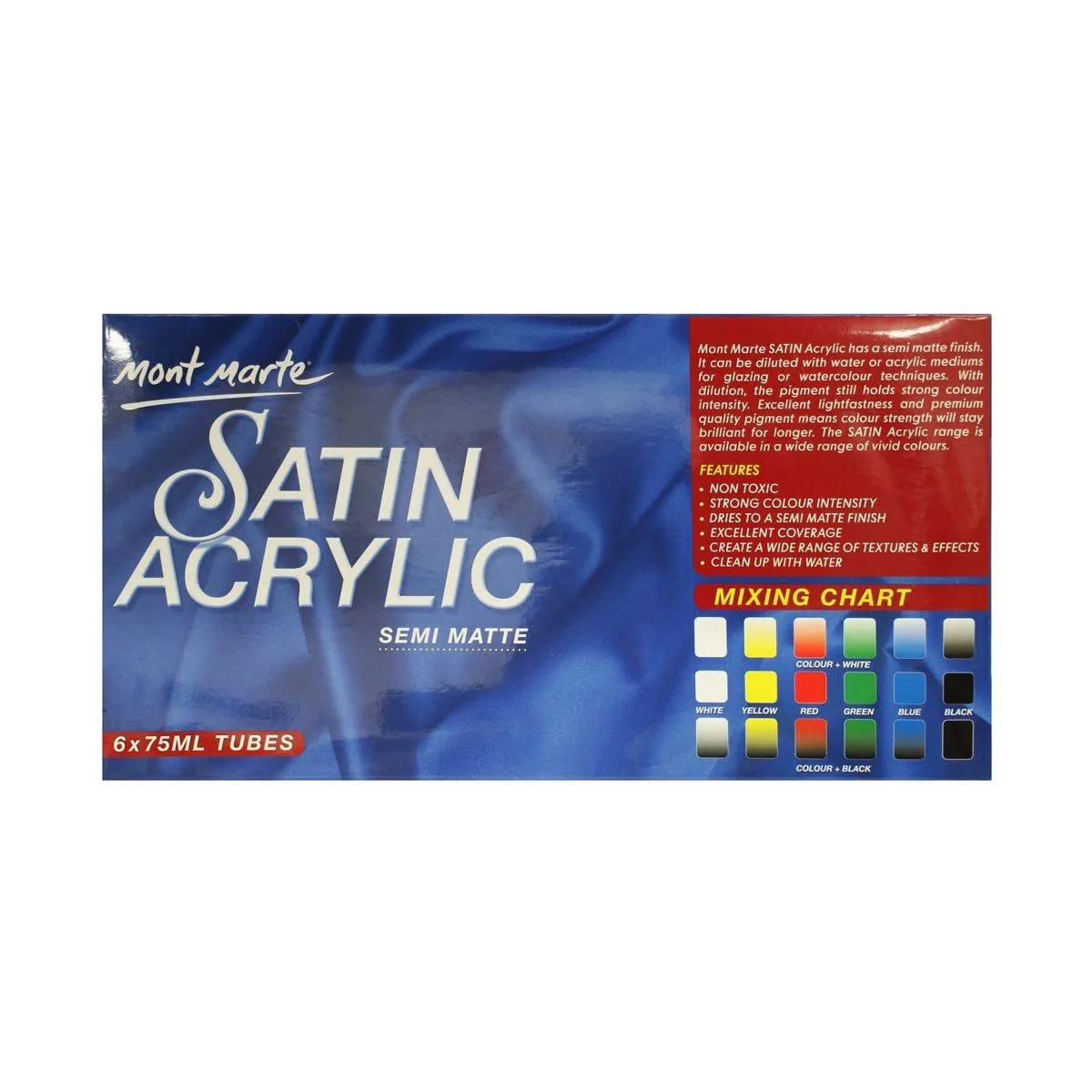 Satin Acrylic Primary Set 6pcs x 75ml (2.5oz) - Mont Marte